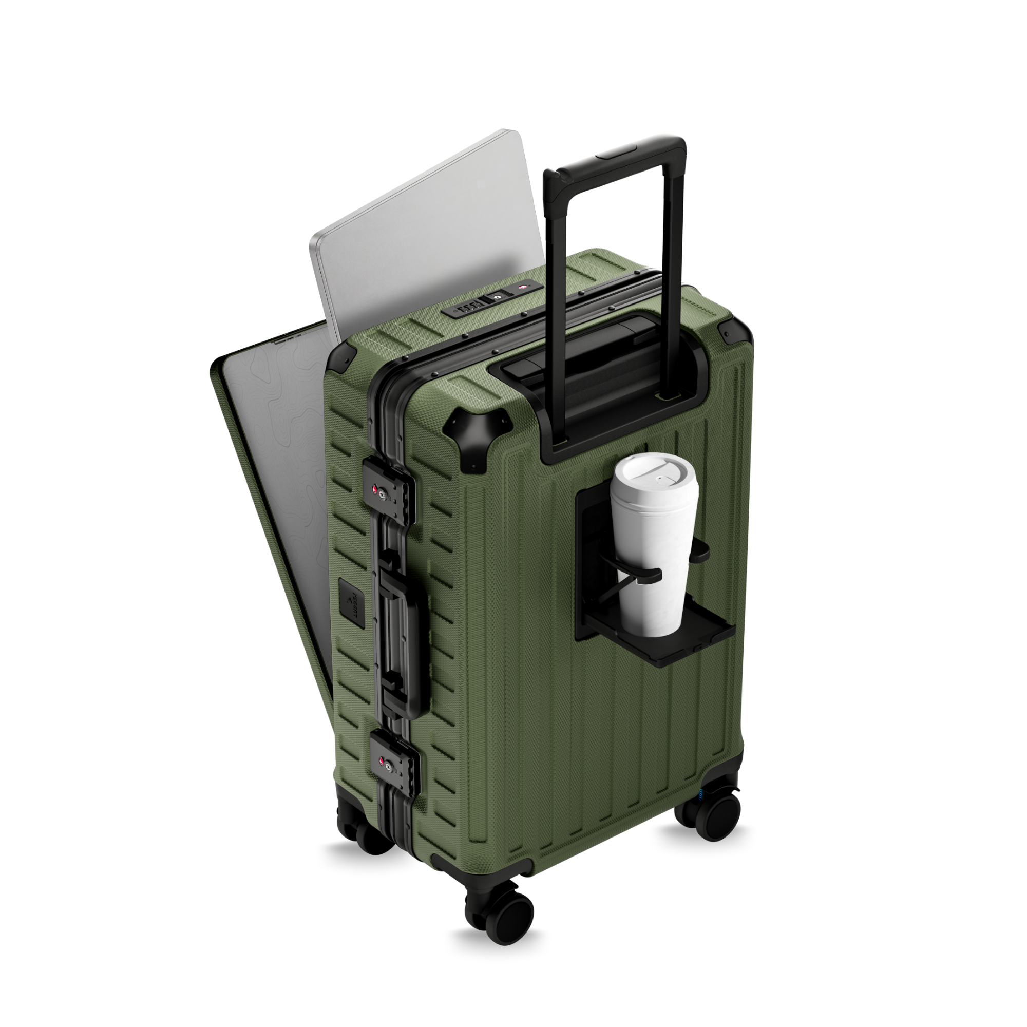 All-in-one carry-on suitcase with built-in cup holder, luggage hook, zipperless aluminum frame, and smooth spinner wheels for efficient airport travel. #show #color_olive_green