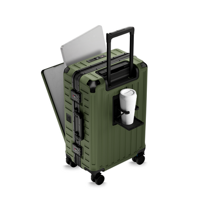 All-in-one carry-on suitcase with built-in cup holder, luggage hook, zipperless aluminum frame, and smooth spinner wheels for efficient airport travel. #show #color_olive_green