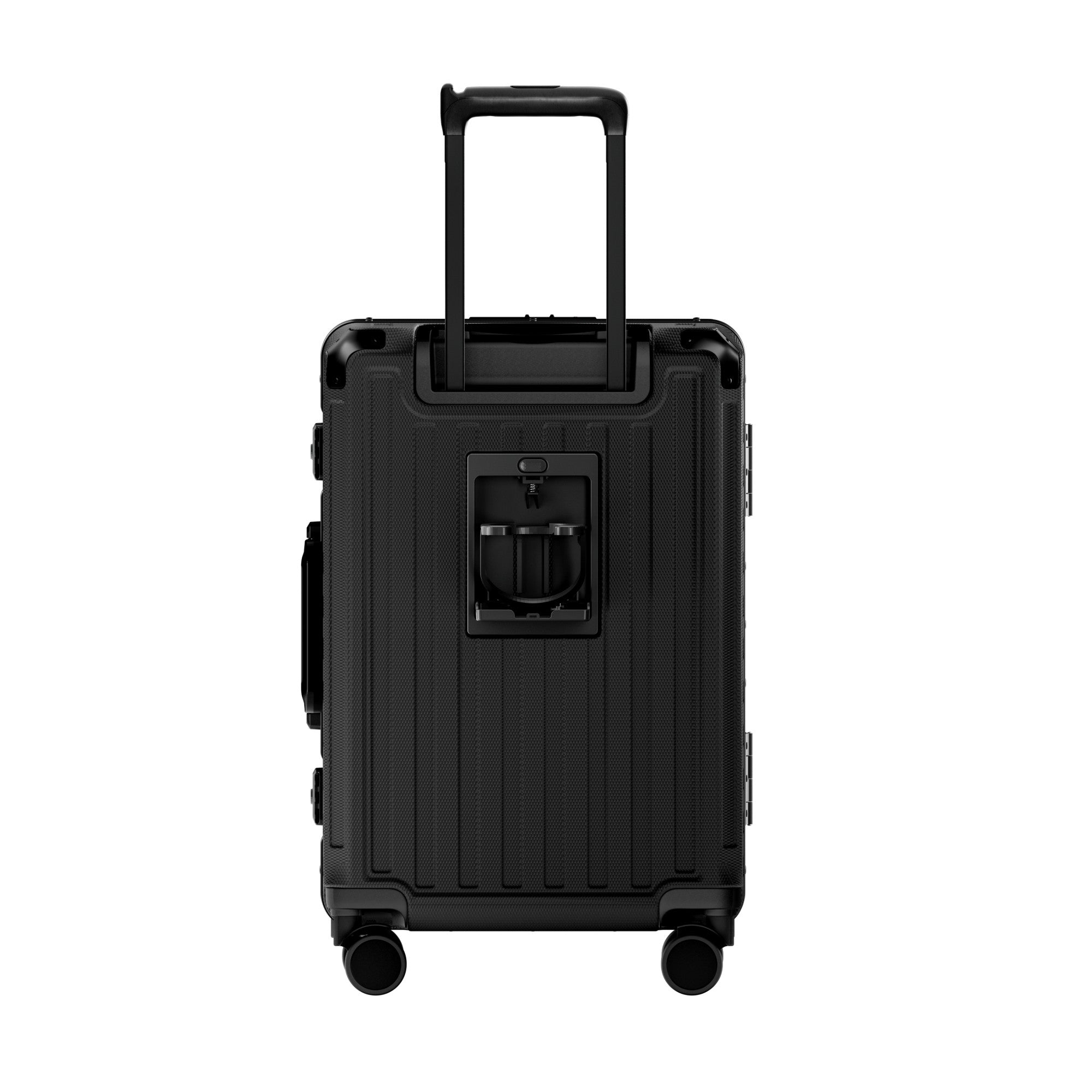 Rear view of ZX all-in-one carry-on suitcase featuring a built-in foldable cup holder, durable zipperless aluminum frame, reinforced corner guards, and smooth spinner wheels for convenient airport travel. #color_black