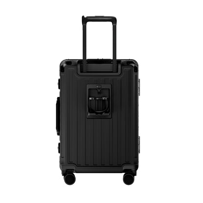 Rear view of ZX all-in-one carry-on suitcase featuring a built-in foldable cup holder, durable zipperless aluminum frame, reinforced corner guards, and smooth spinner wheels for convenient airport travel. #color_black