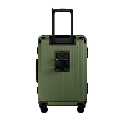 Rear view of ZX all-in-one carry-on suitcase featuring a built-in foldable cup holder, durable zipperless aluminum frame, reinforced corner guards, and smooth spinner wheels for convenient airport travel. #color_olive_green