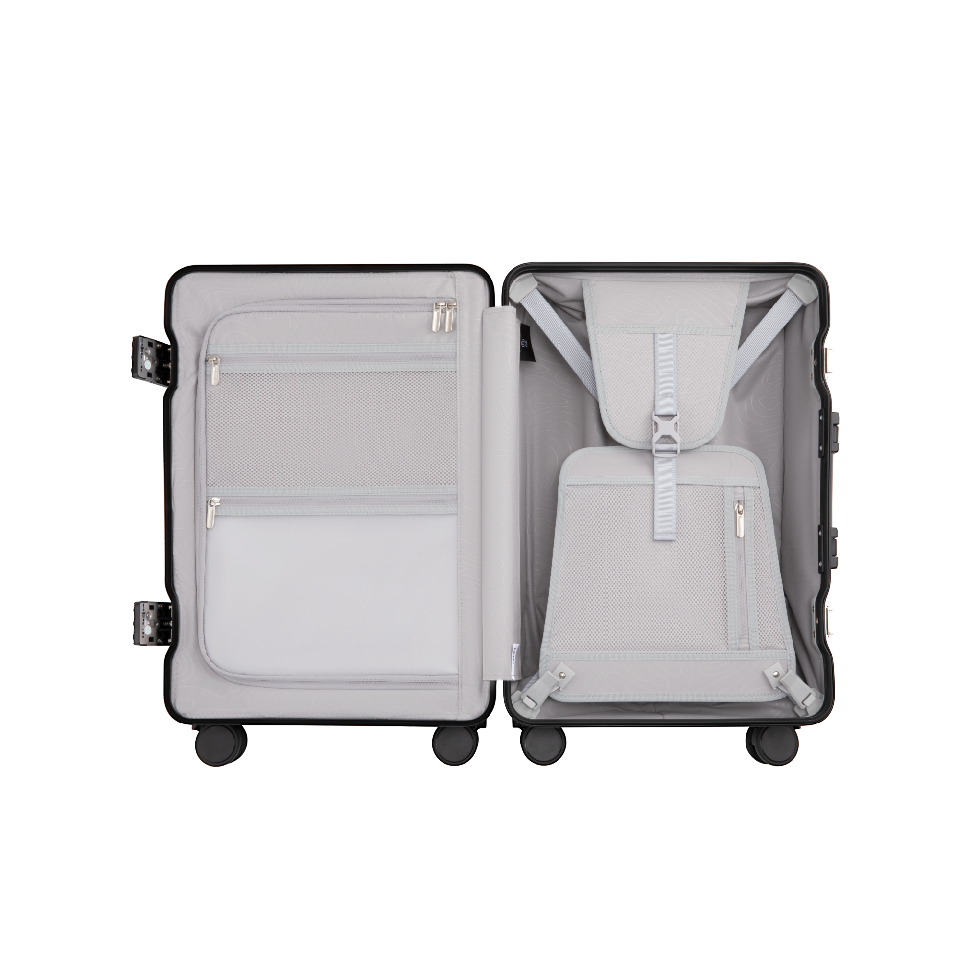 Carry-on suitcase interior with removable divider, wet and dry separation pocket, and adjustable compression straps for organized and hygienic travel packing #show #color_olive_green