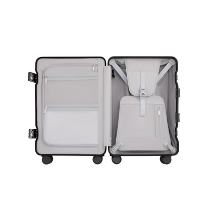 Carry-on suitcase interior with removable divider, wet and dry separation pocket, and adjustable compression straps for organized and hygienic travel packing #show #color_olive_green