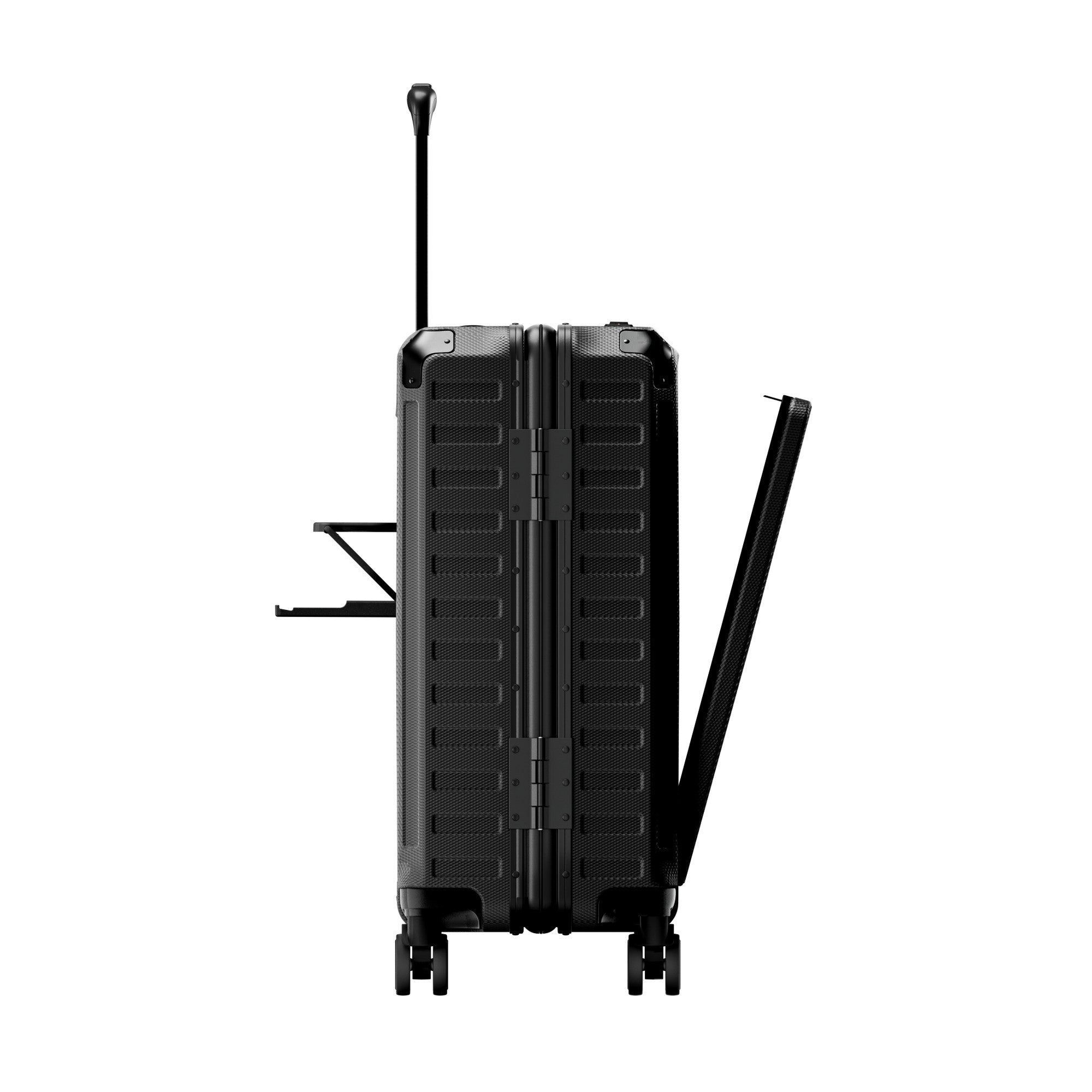 Side profile of ZX all-in-one carry-on suitcase featuring a foldable cup holder, zipperless aluminum frame construction, reinforced corner guards, and smooth shock-absorbing wheels for convenient airport travel. #show #color_black
