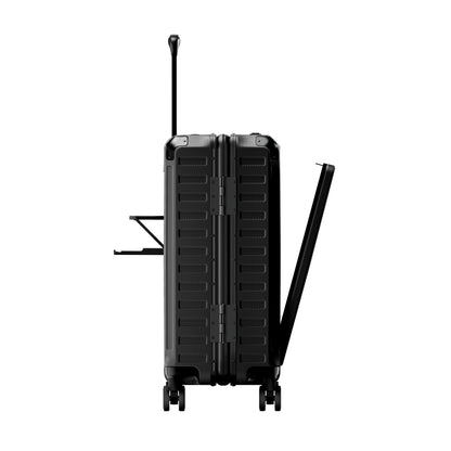 Side profile of ZX all-in-one carry-on suitcase featuring a foldable cup holder, zipperless aluminum frame construction, reinforced corner guards, and smooth shock-absorbing wheels for convenient airport travel. #show #color_black