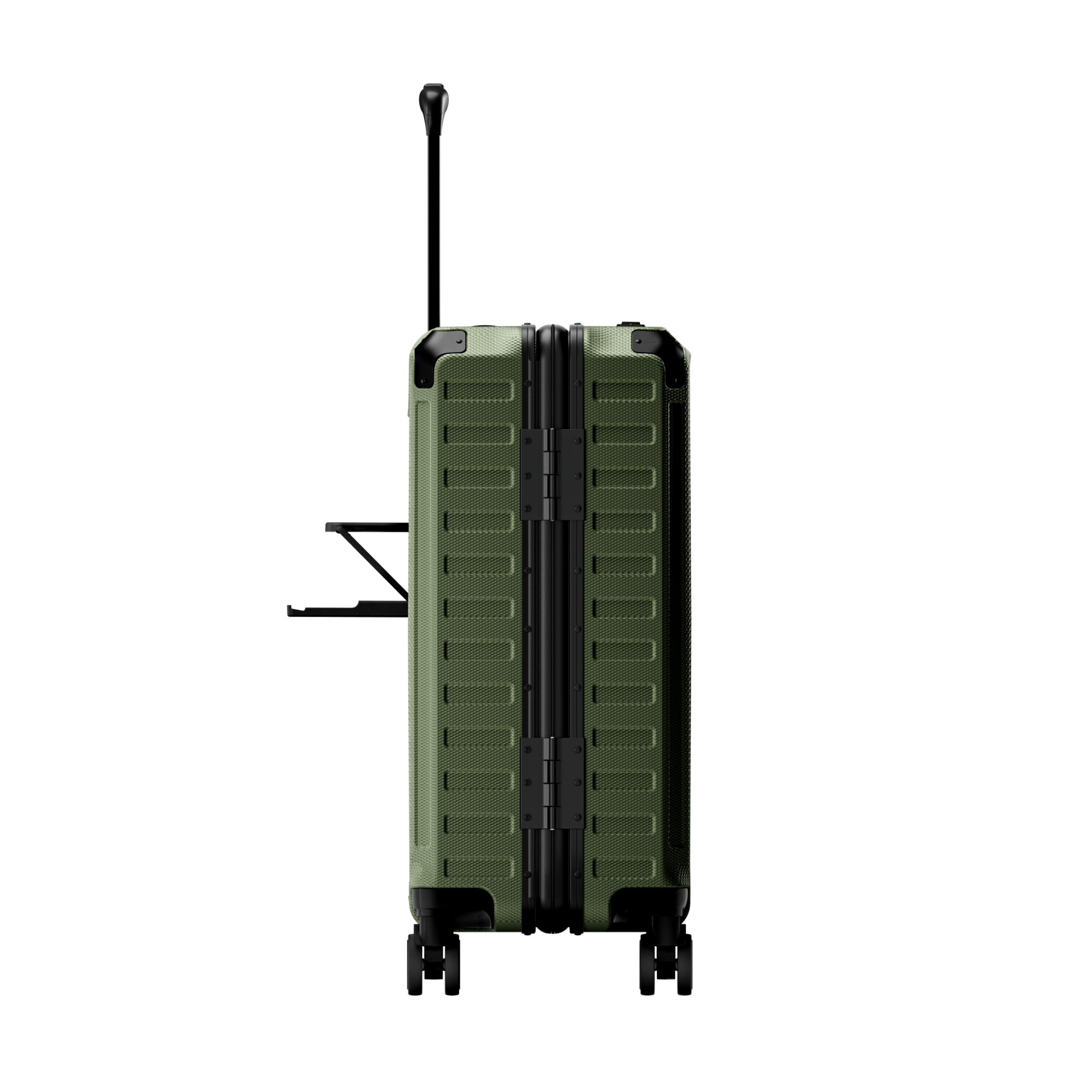 Side profile of ZX all-in-one carry-on suitcase featuring a foldable cup holder, zipperless aluminum frame construction, reinforced corner guards, and smooth shock-absorbing wheels for convenient airport travel. #show #color_olive_green