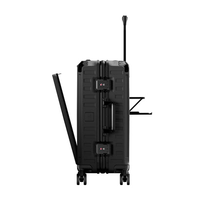 Side view of all-in-one carry-on suitcase featuring a built-in cup holder, zipperless aluminum frame, TSA-approved locks, and smooth shock-absorbing spinner wheels for effortless airport travel #color_black