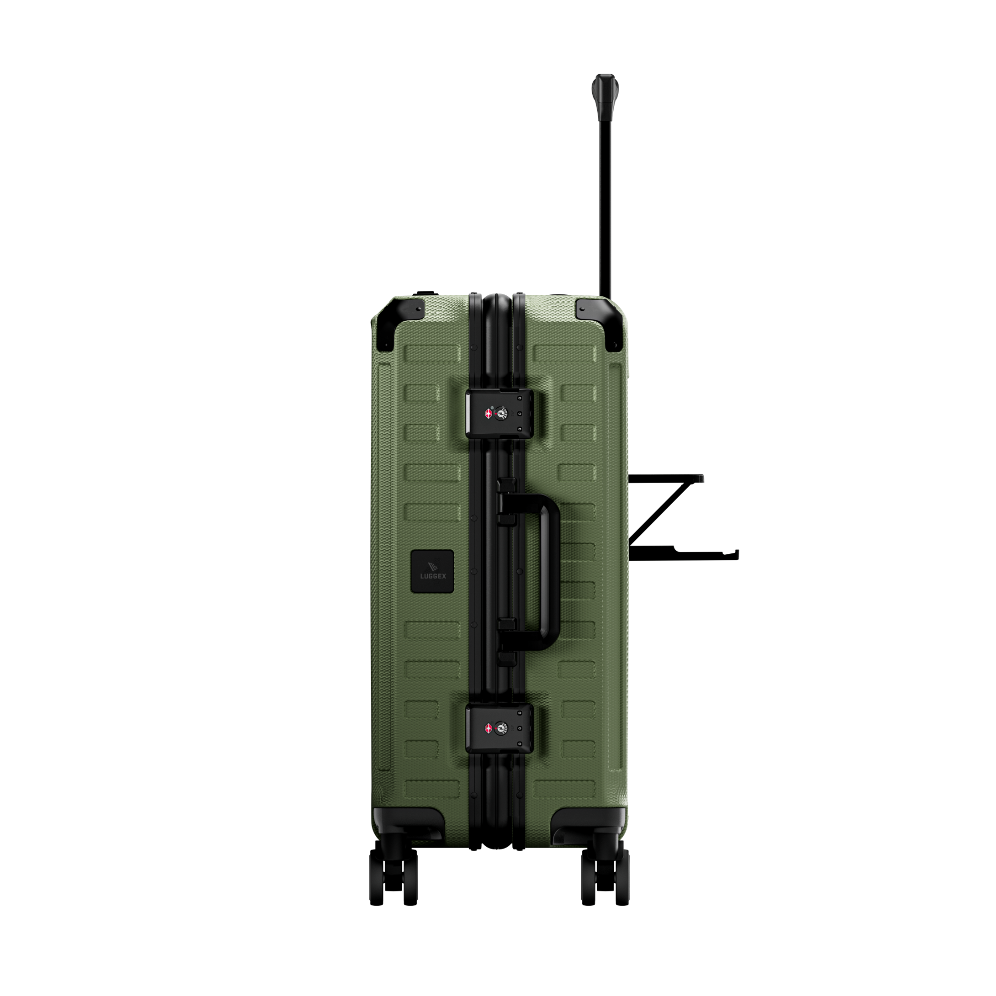 Side view of all-in-one carry-on suitcase featuring a built-in cup holder, zipperless aluminum frame, TSA-approved locks, and smooth shock-absorbing spinner wheels for effortless airport travel #color_olive_green