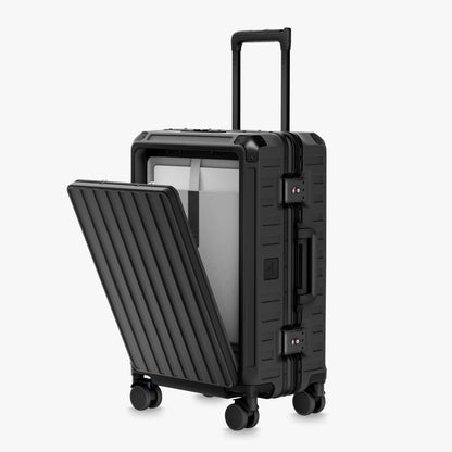 Front-open aluminum carry-on suitcase with zipperless frame, padded 16-inch laptop compartment, and removable divider for organized  packing
#color_black