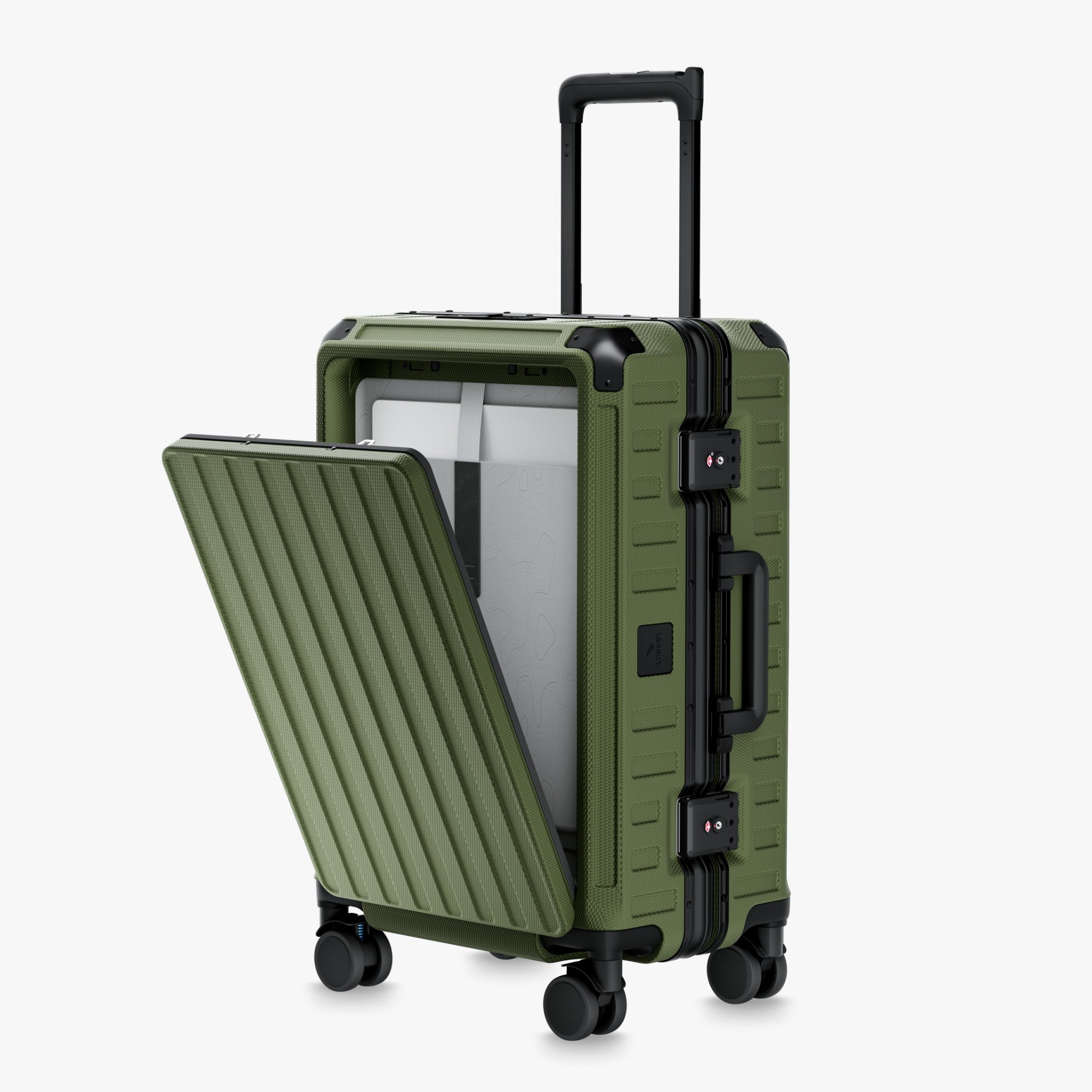 Front-open aluminum carry-on suitcase with zipperless frame, padded 16-inch laptop compartment, and removable divider for organized  packing
#color_olive_green